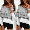 Letter Print V-Neck Long-Sleeved Stitching Loose Sweater - Verzatil 