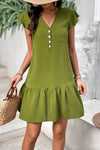 Buttoned Notched Neck Flutter Sleeve Dress