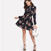 Lace-up long-sleeved elastic waist print dress - Verzatil 