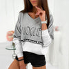 Letter Print V-Neck Long-Sleeved Stitching Loose Sweater - Verzatil 