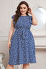 Plus Size Round Neck Tie Waist Dress