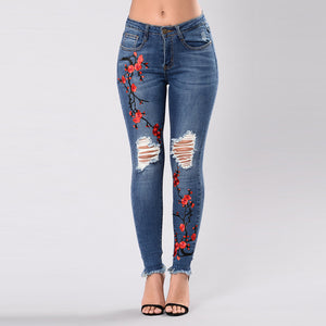 Fashion hole embroidered high-elastic denim women's trousers - Women's Bottom - Verzatil 