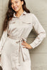 Collared Neck Tie Waist Long Sleeve Buttoned Dress