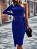 One-Shoulder Pleated Detail Belted Dress