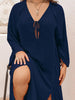 Plus Size Tie Neck Long Sleeve Slit Dress