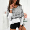 Letter Print V-Neck Long-Sleeved Stitching Loose Sweater - Verzatil 