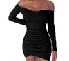 Long Sleeve Neck Collar Sexy Pleated Slim Bag Hip Dress - Verzatil 