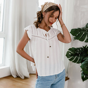 Cotton White Short-sleeved Blouse Casual Loose Summer Women Tops - Women's Top - Verzatil 