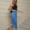 Drawstring Ruched Slit Denim Midi Skirt