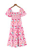 Printed Square Neck Tied Smocked Dress