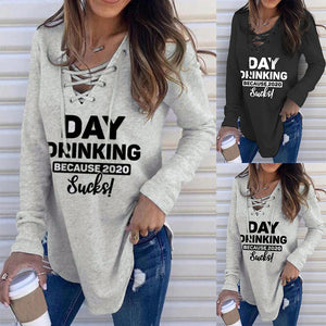 Letter-Print Long-Sleeved Tie-Band Loose Sweatshirt - Verzatil 