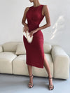 Round Neck Tie Back Slit Sleeveless Dress