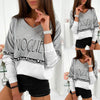 Letter Print V-Neck Long-Sleeved Stitching Loose Sweater - Verzatil 