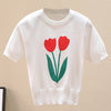 Flower Graphic Ribbed Trim Knit Top