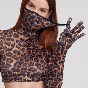 Leopard Print Turtleneck One Piece Mask Long Sleeve T-Shirt - Women's Top - Verzatil 