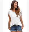 Round neck short sleeve cuffs tassel T-shirt cotton tops - Women's Top - Verzatil 