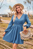 V-Neck Long Sleeve Smocked Waist Mini Dress