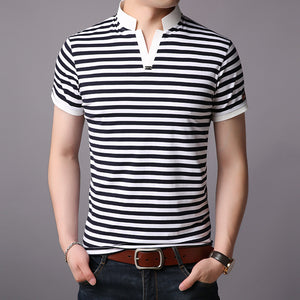 Men's stand up collar fashion stripe short sleeve T-shirt - Verzatil 