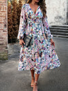 Printed V-Neck Long Sleeve Midi Dress