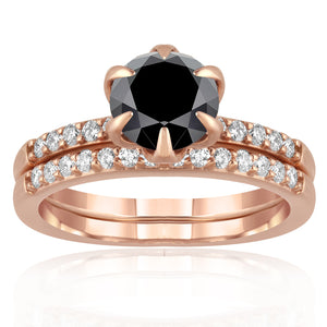 14K Rose gold bridal set. The engagement ring contain 2.00ctw Black diamond eight 0.03ctw brilliant diamonds. The ladies wedding band contain fourteen brilliant diamonds 0.03ctw as well, making these 2 pieces the perfect set for a unique woman. - Verzatil 