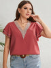 Plus Size Contrast V-Neck Layered Flutter Sleeve Blouse