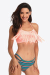 Two-Tone Fringe Trim Tied Bikini Set