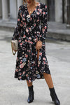 Floral Long Sleeve Surplice Neck Dress