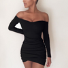 Long Sleeve Neck Collar Sexy Pleated Slim Bag Hip Dress - Verzatil 