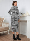 Plus Size Houndstooth Button-Down Long Sleeve Dress