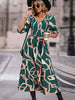 Printed Smocked V-Neck Three-Quarter Sleeve Midi Dress