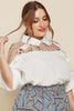 Plus Size Embroidered Ruffle Trim Collared Half Sleeve Blouse