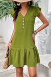 Buttoned Notched Neck Flutter Sleeve Dress