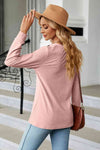 Notched Neck Long Sleeve Buttoned Blouse