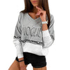 Letter Print V-Neck Long-Sleeved Stitching Loose Sweater - Verzatil 