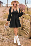 V-Neck Long Sleeve Smocked Waist Mini Dress